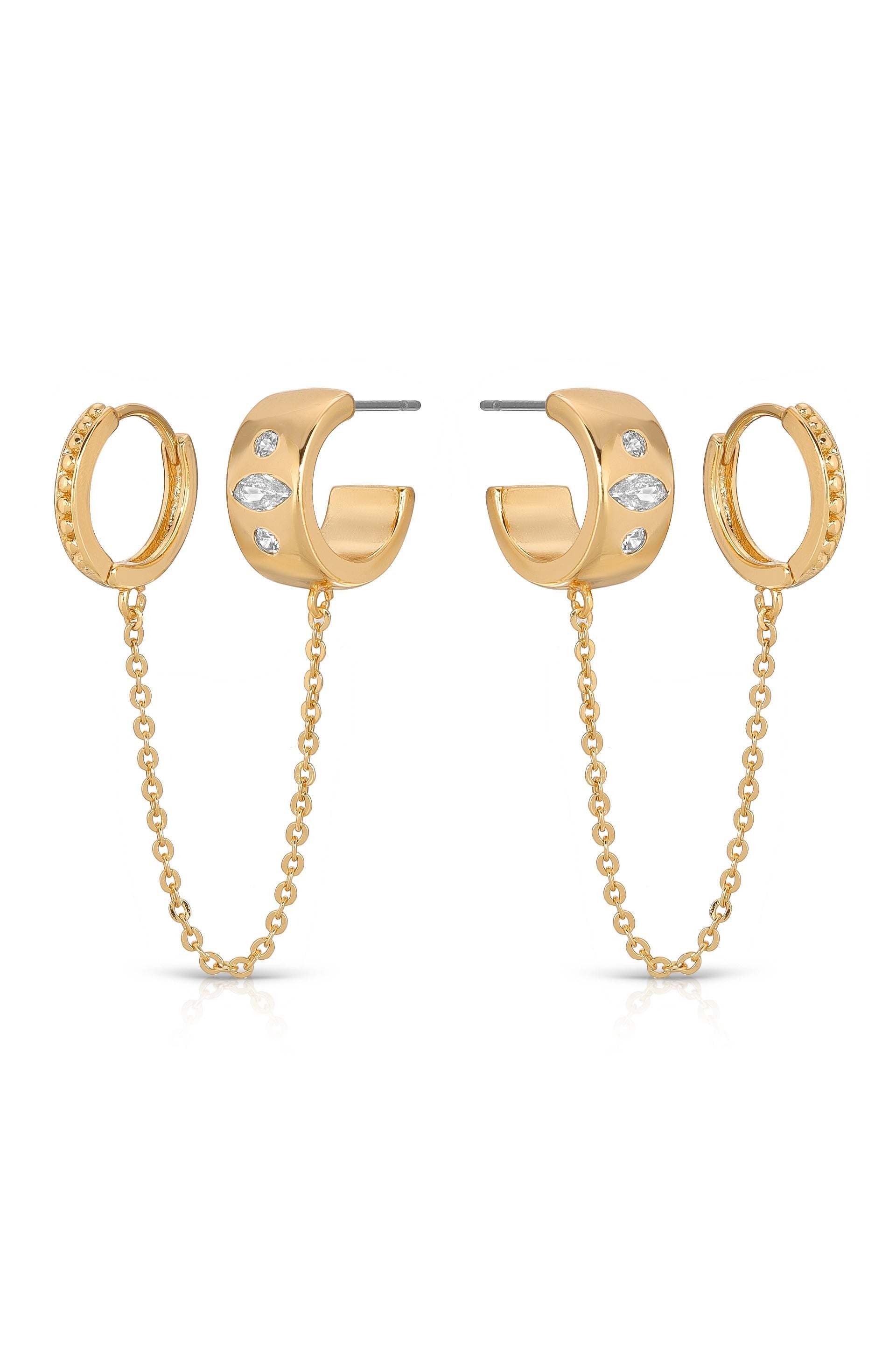 Double Piercing Bezel Crystal Dangle Earrings - Flying Tomato - Earrings - Ettika