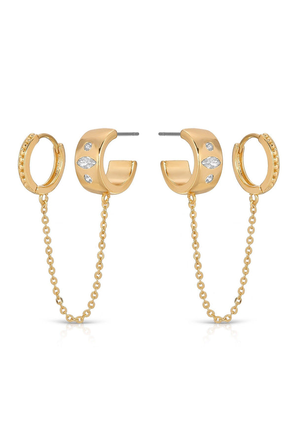 Double Piercing Bezel Crystal Dangle Earrings - Flying Tomato - Earrings - Ettika