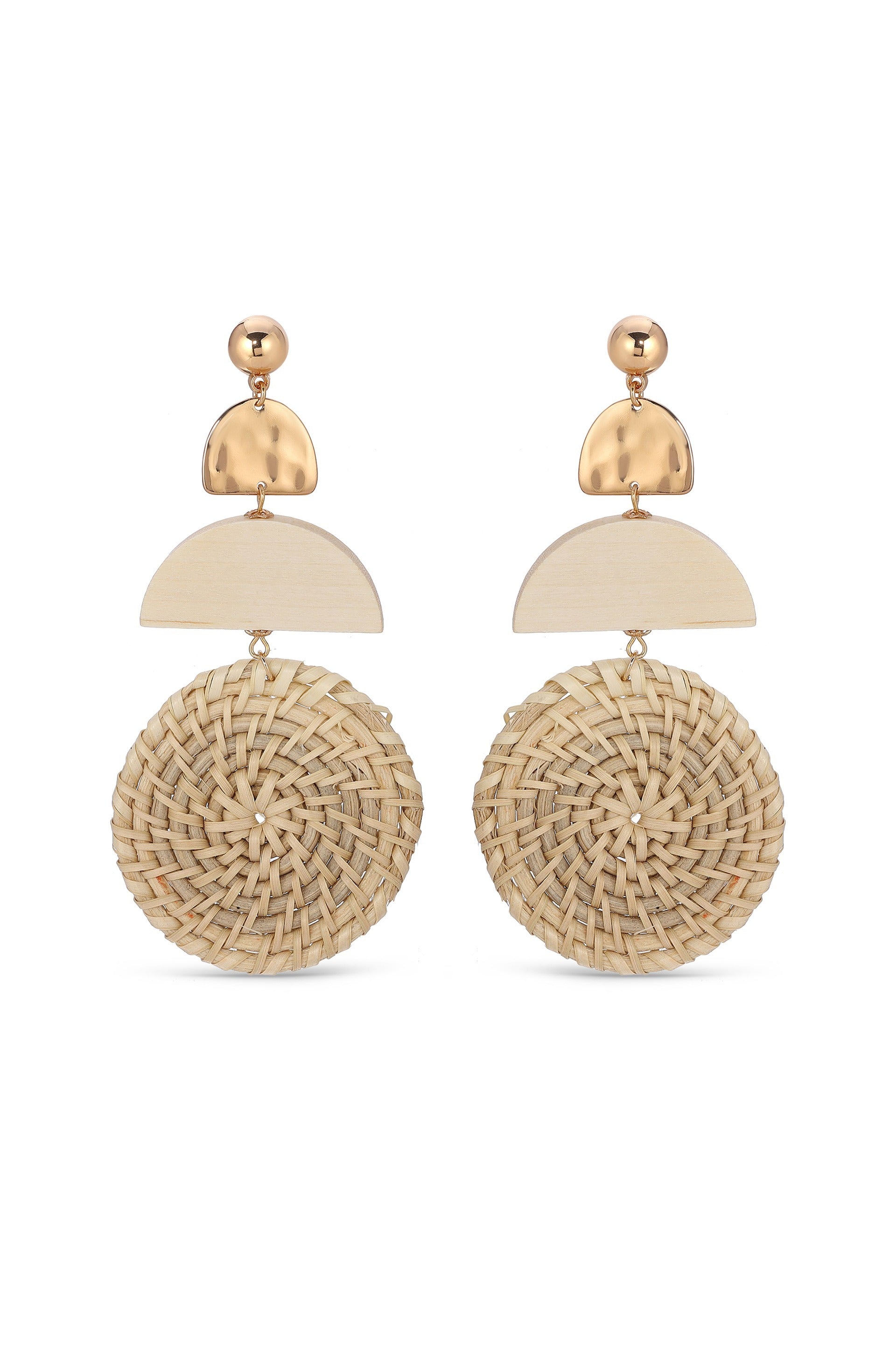 Geo Raffia and Cream Wood Drop Earrings