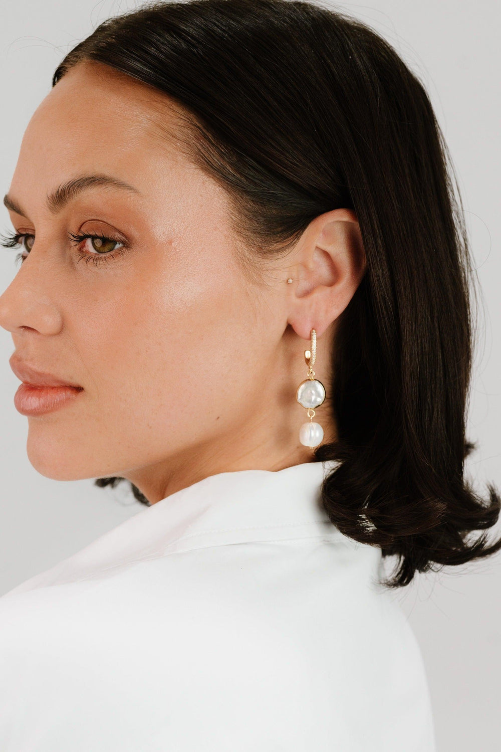 Dangling Freshwater Pearl Huggie Hoop Earrings - Flying Tomato - Earrings - Ettika