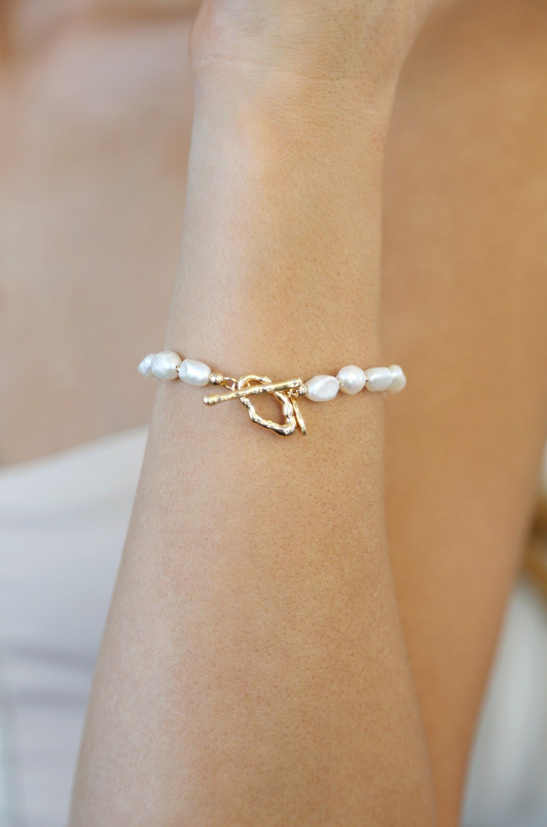 Freshwater Pearl and Gold Nugget Toggle Bracelet - Flying Tomato - Bracelets - Ettika