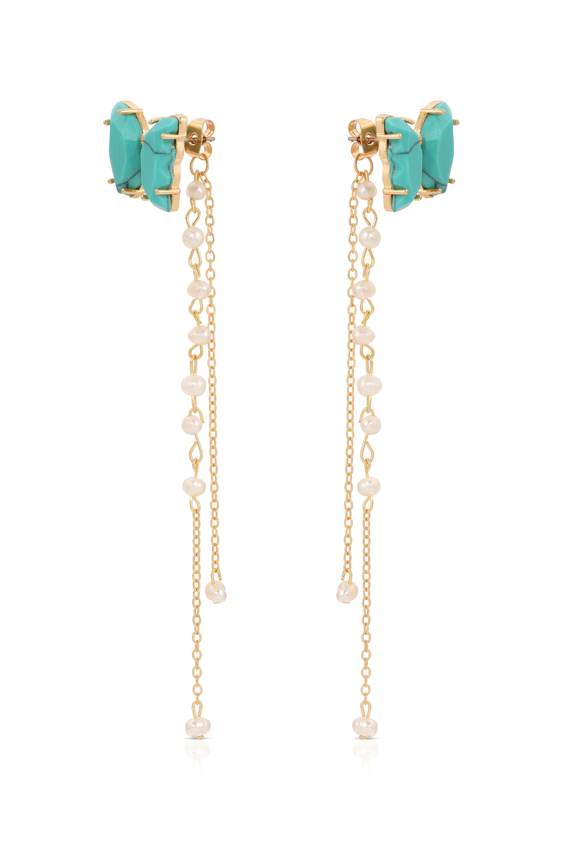 Turquoise Butterfly Pearl Chain Dangle Earrings