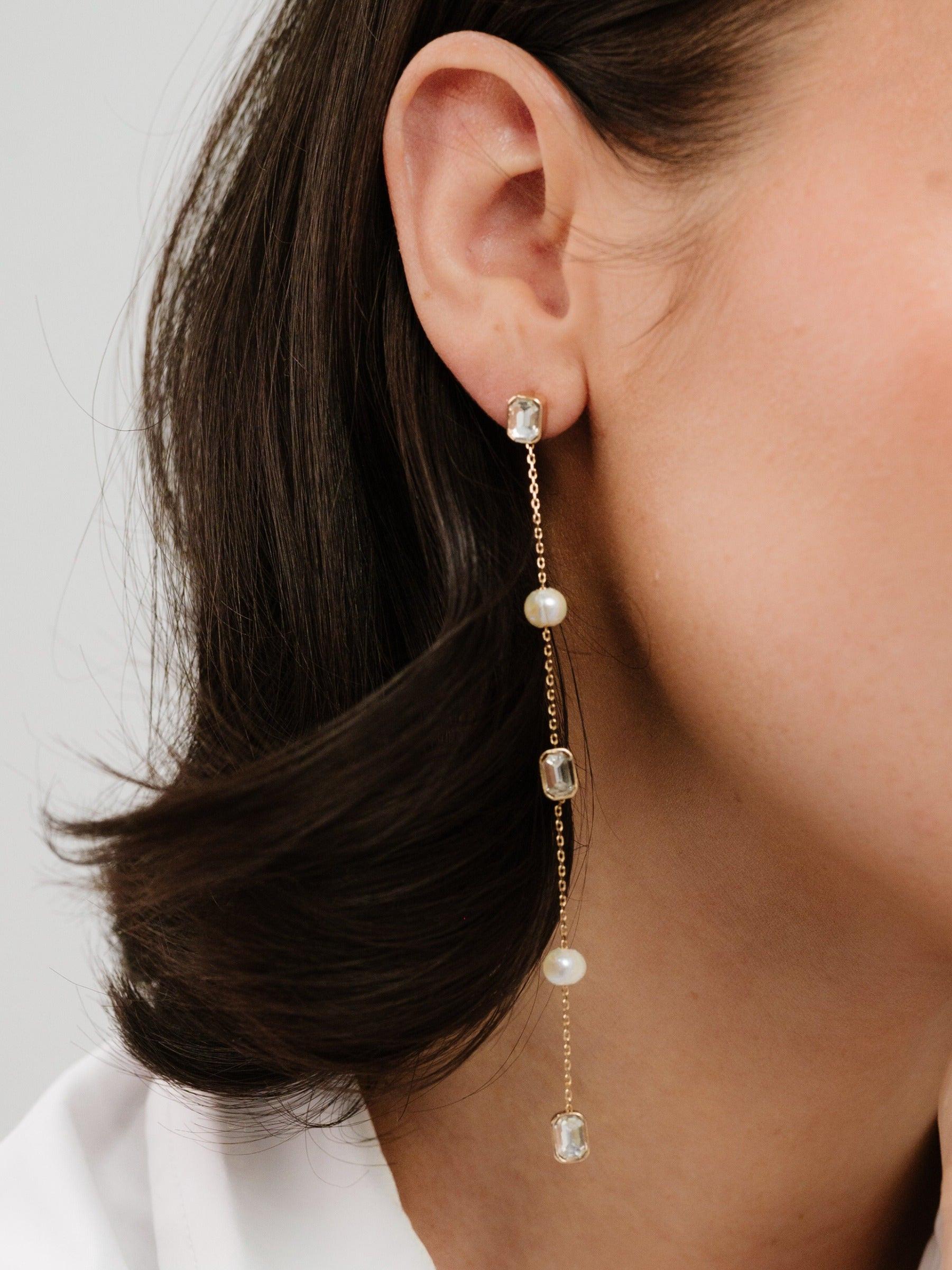 Pearl and Crystal Linear Earrings - Flying Tomato - Earrings - Ettika