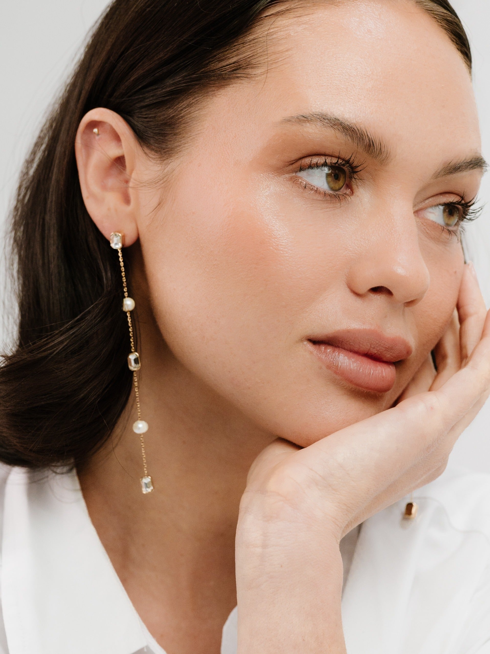 Pearl and Crystal Linear Drop Earrings