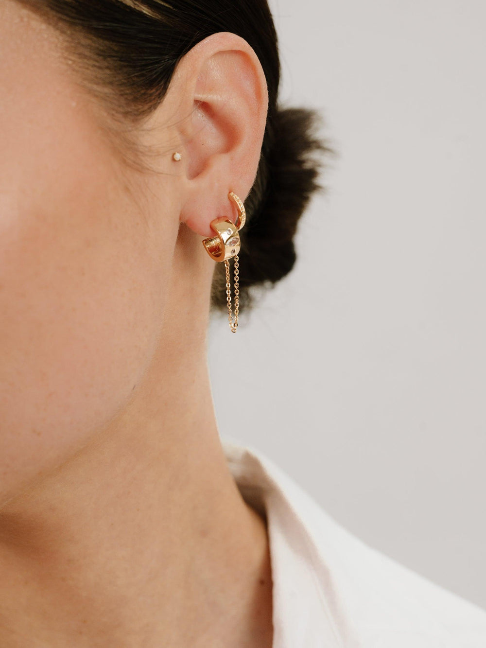 Double Piercing Bezel Crystal Dangle Earrings - Flying Tomato - Earrings - Ettika