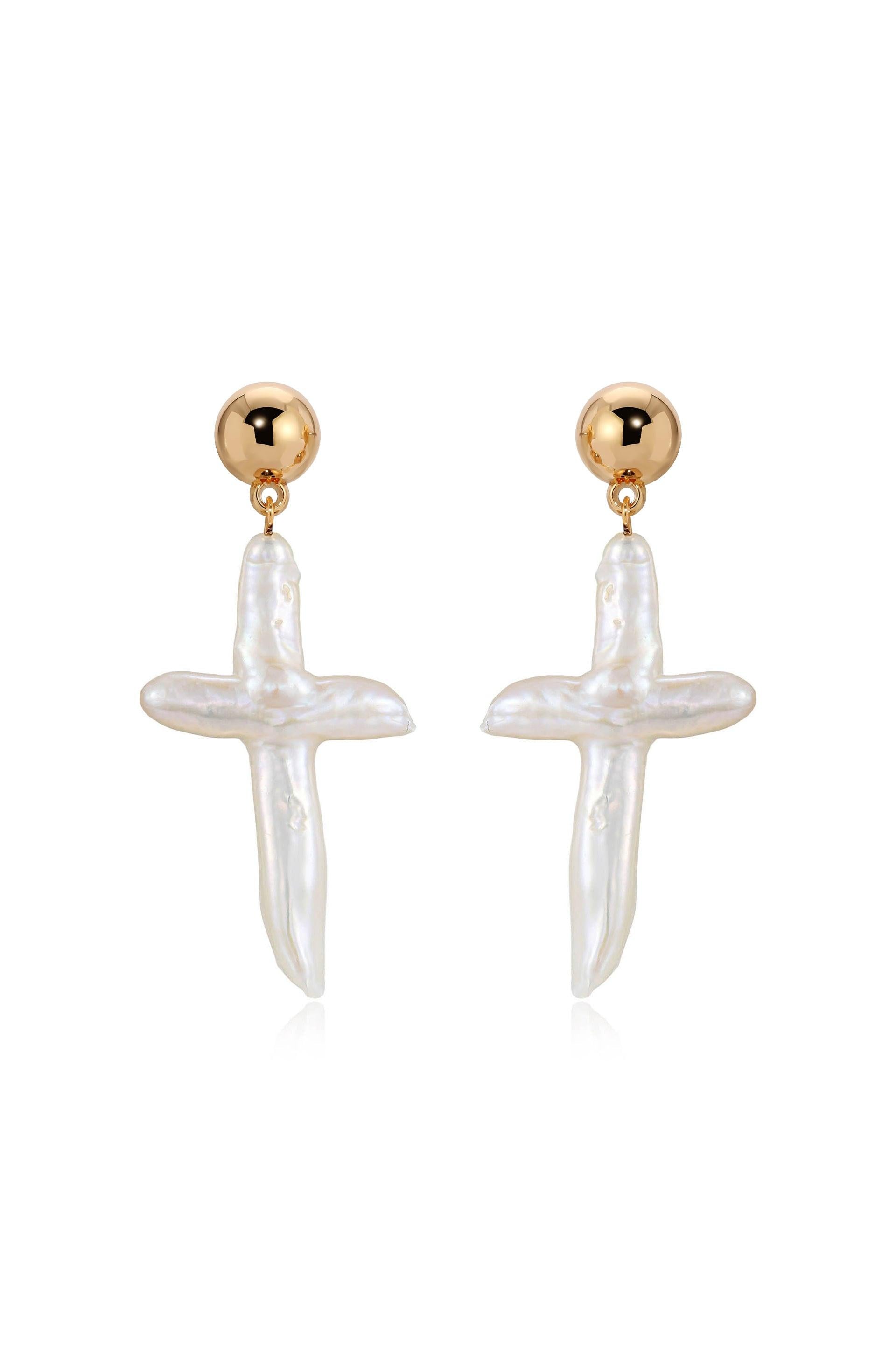 Organic Freshwater Pearl Cross Earrings - Flying Tomato - Earrings - Ettika
