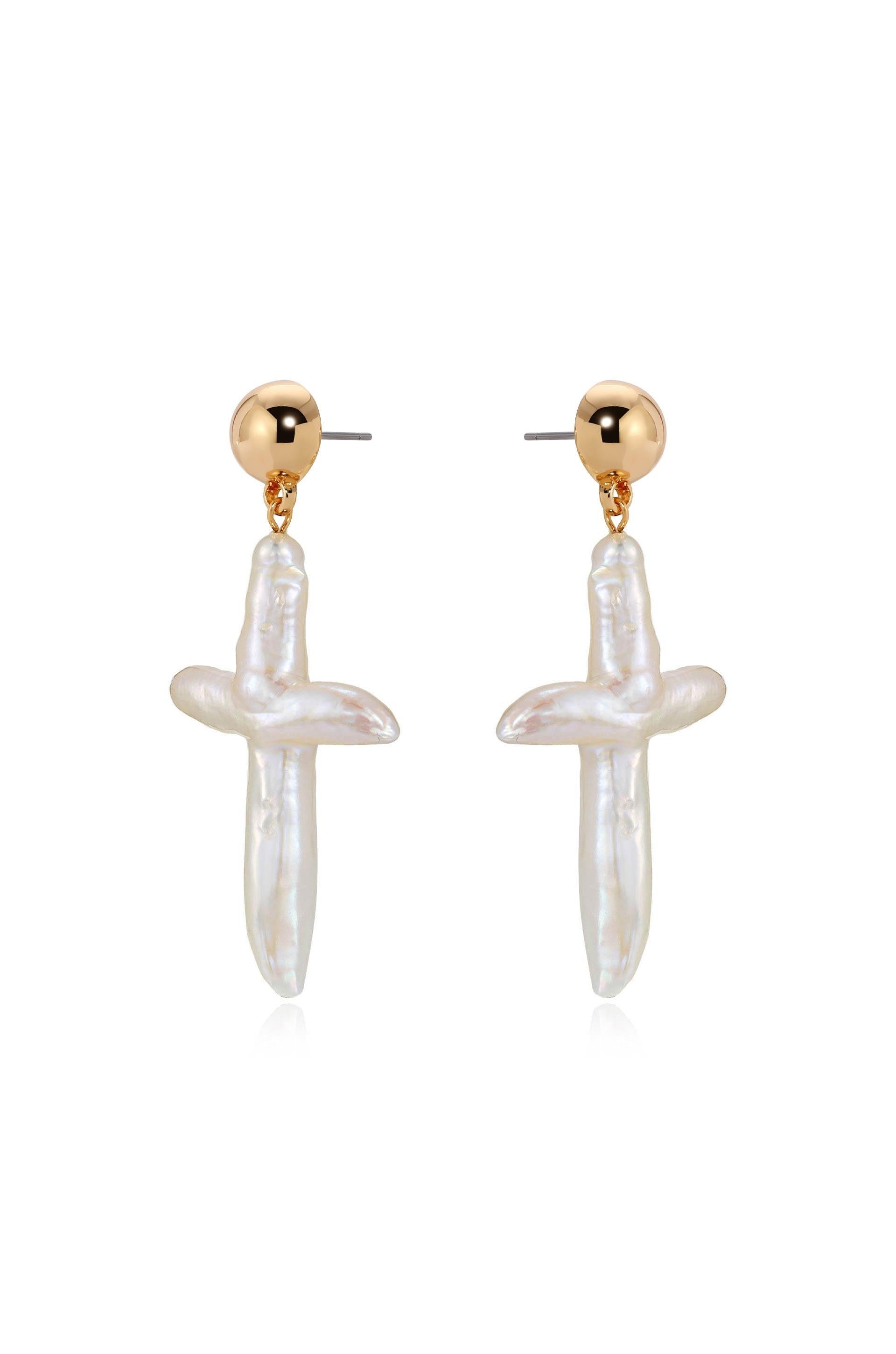Organic Freshwater Pearl Cross Earrings - Flying Tomato - Earrings - Ettika