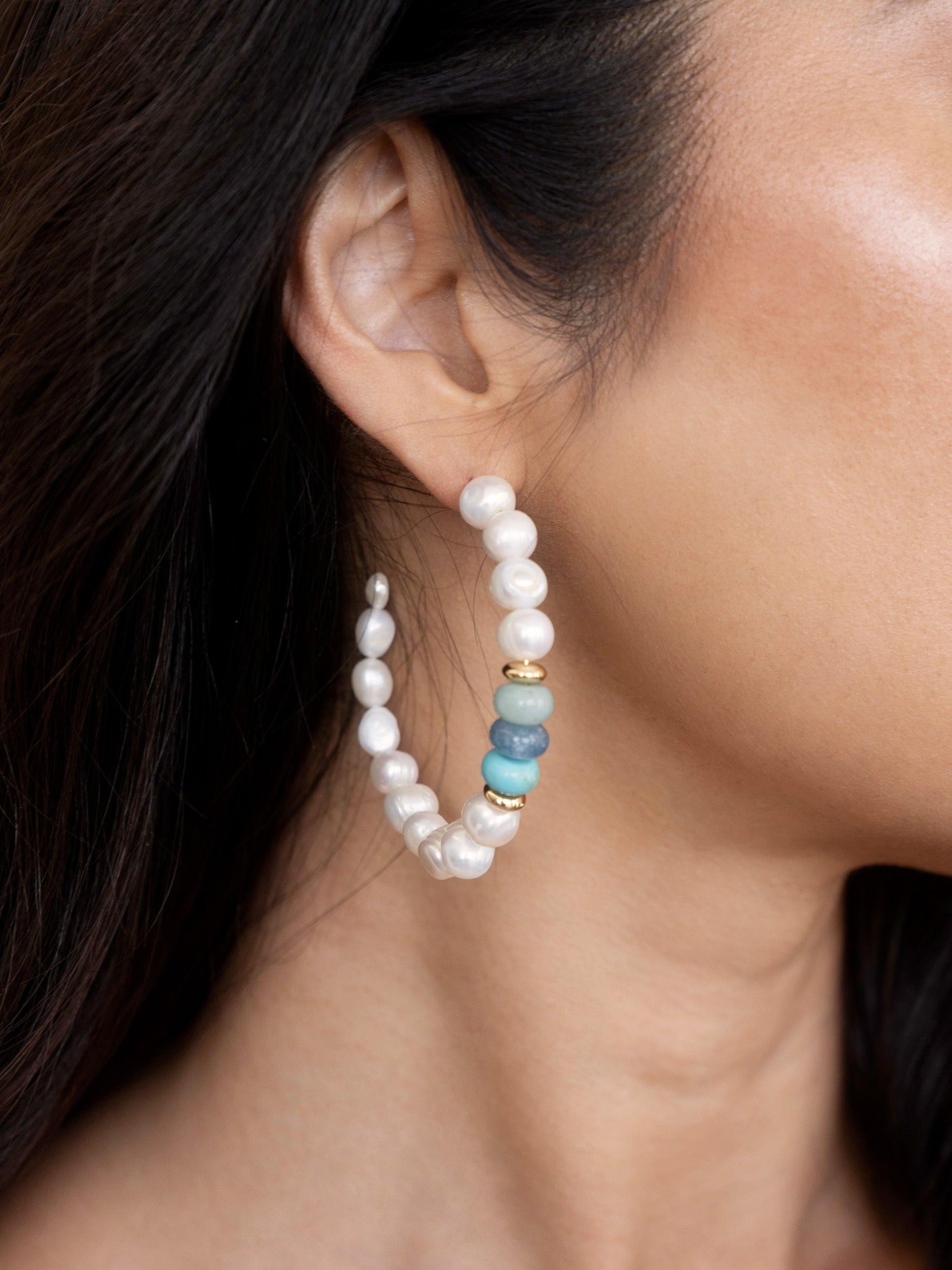 Beach Day Pearl and Gemstone Hoop Earrings.