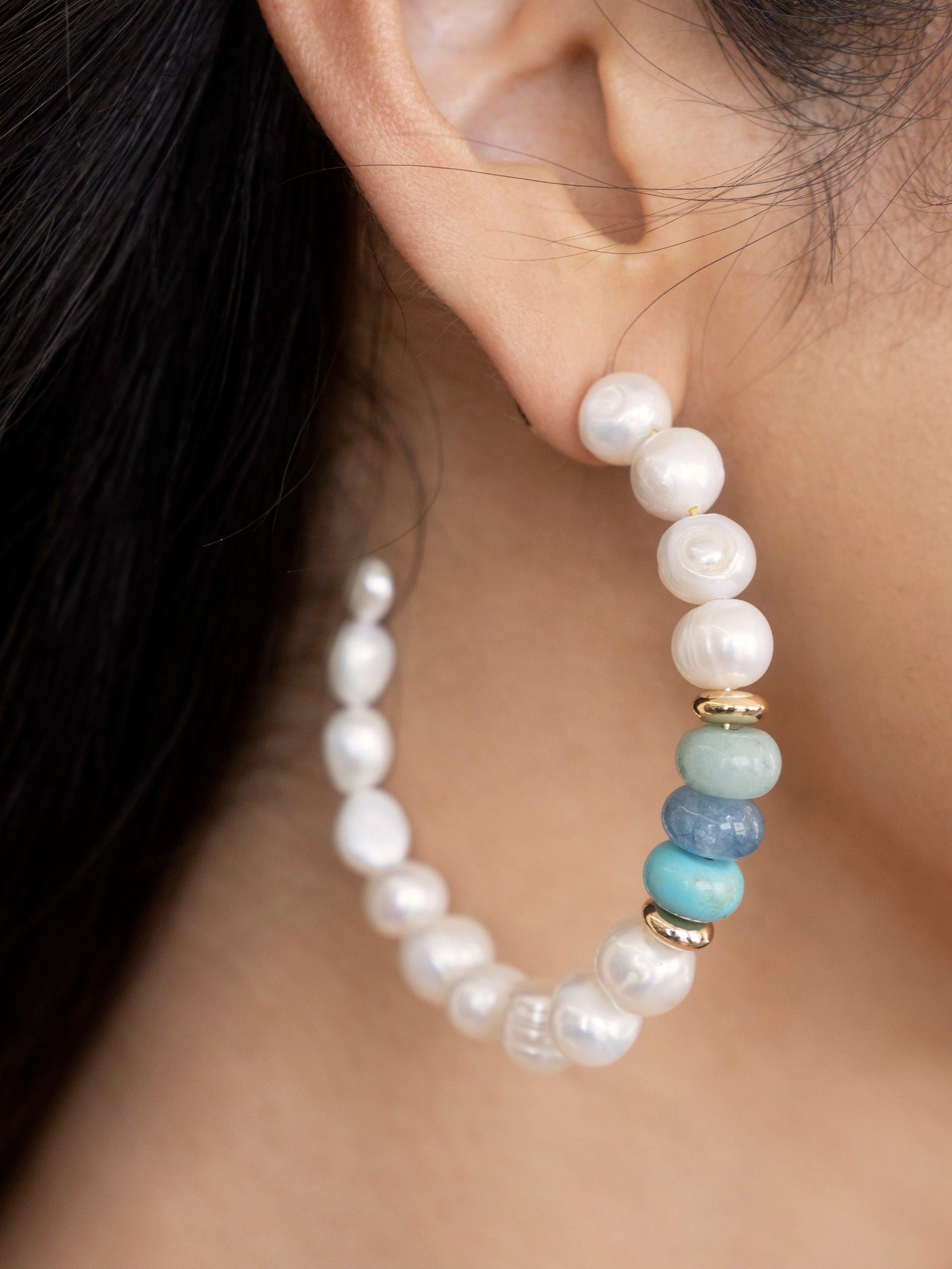 Beach Day Pearl and Gemstone Hoop Earrings.