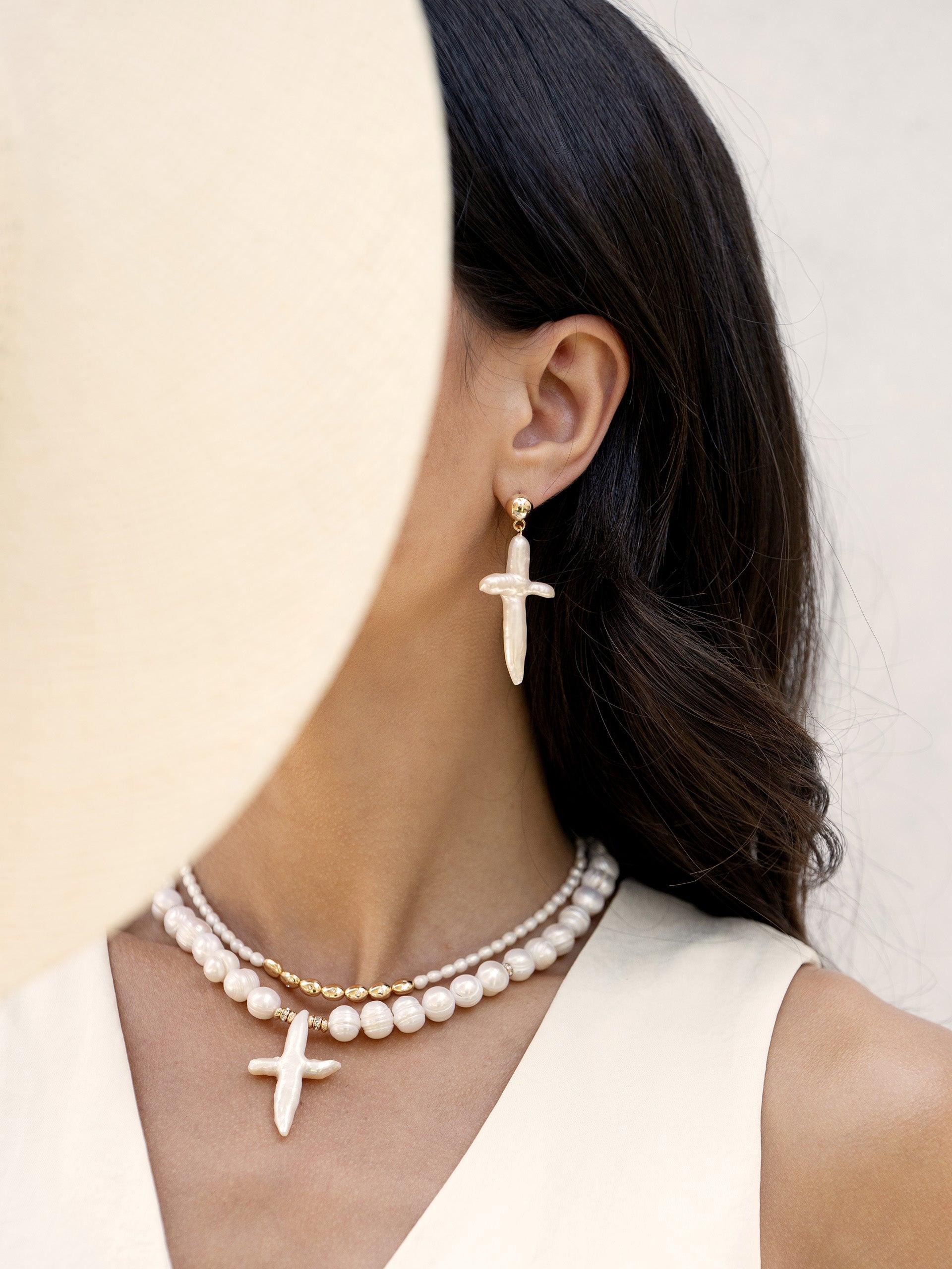 Organic Freshwater Pearl Cross Earrings - Flying Tomato - Earrings - Ettika