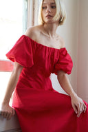 PROTECTING MY PEACE RED WOVEN MIDI DRESS.