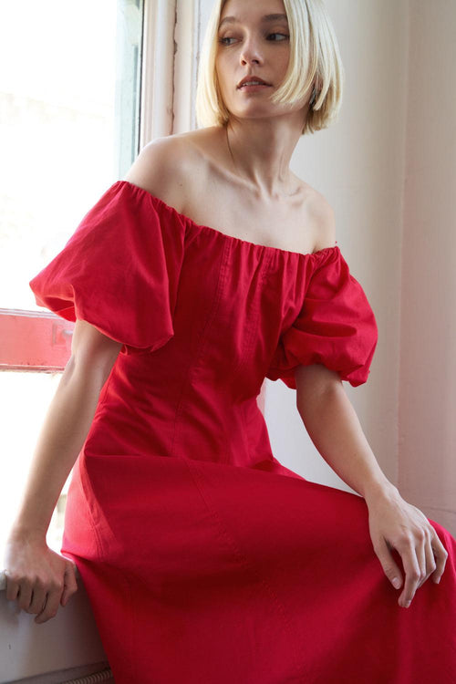 PROTECTING MY PEACE RED WOVEN MIDI DRESS.