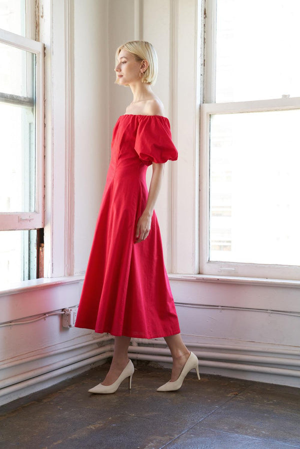 PROTECTING MY PEACE RED WOVEN MIDI DRESS.