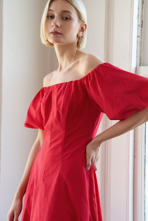 PROTECTING MY PEACE RED WOVEN MIDI DRESS.