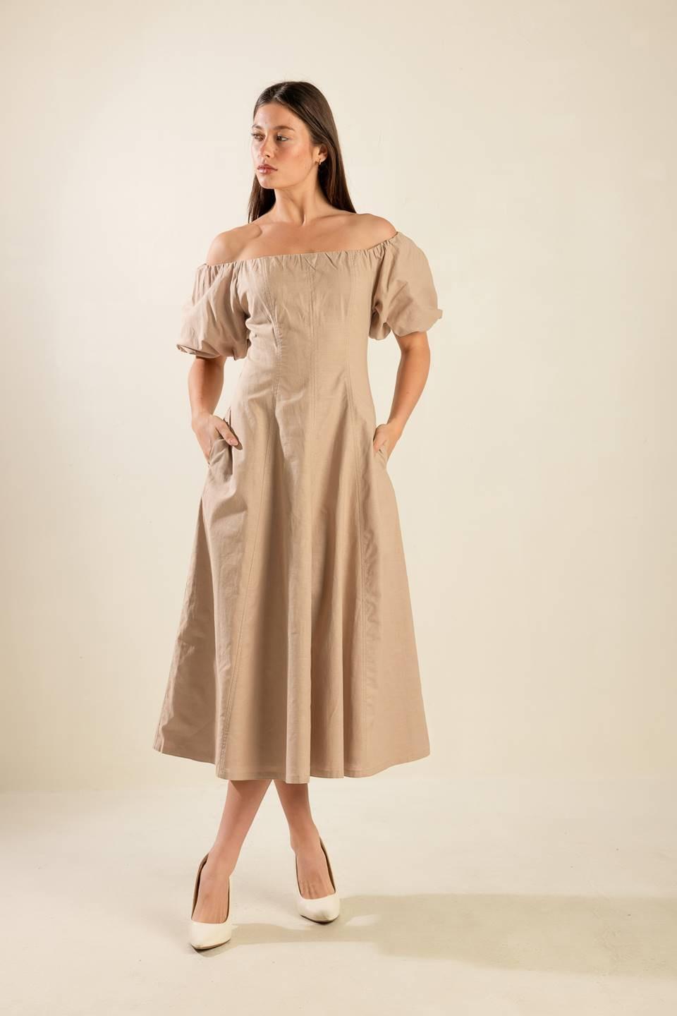 PROTECTING MY PEACE TAUPE WOVEN MIDI DRESS.