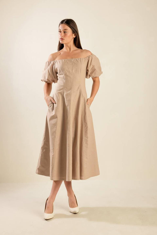 PROTECTING MY PEACE TAUPE WOVEN MIDI DRESS.