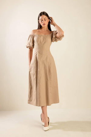 PROTECTING MY PEACE TAUPE WOVEN MIDI DRESS.