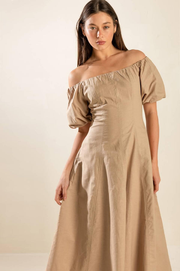 PROTECTING MY PEACE TAUPE WOVEN MIDI DRESS.