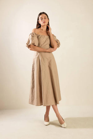 PROTECTING MY PEACE TAUPE WOVEN MIDI DRESS.