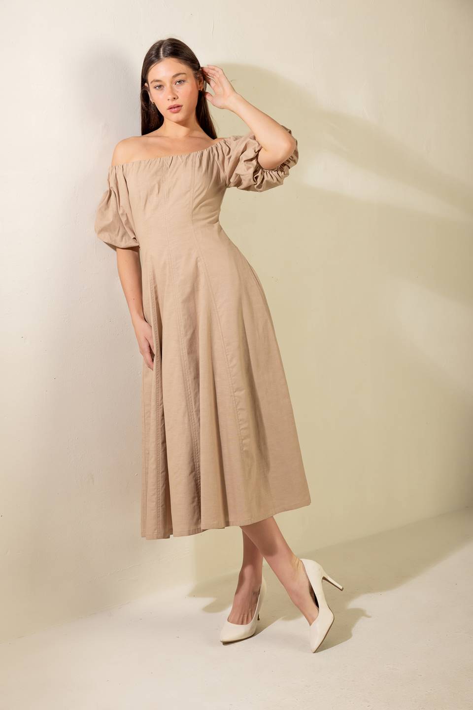 PROTECTING MY PEACE TAUPE WOVEN MIDI DRESS