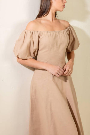 PROTECTING MY PEACE TAUPE WOVEN MIDI DRESS.