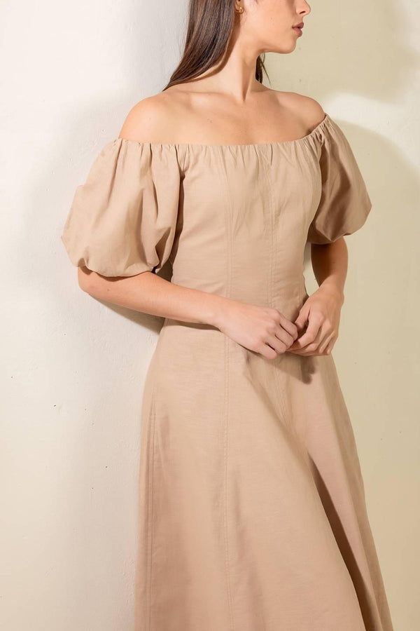 PROTECTING MY PEACE TAUPE WOVEN MIDI DRESS.