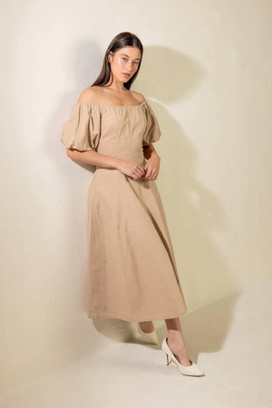 PROTECTING MY PEACE TAUPE WOVEN MIDI DRESS.