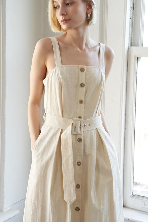 CALIFORNIA DREAMING WOVEN MIDI DRESS.