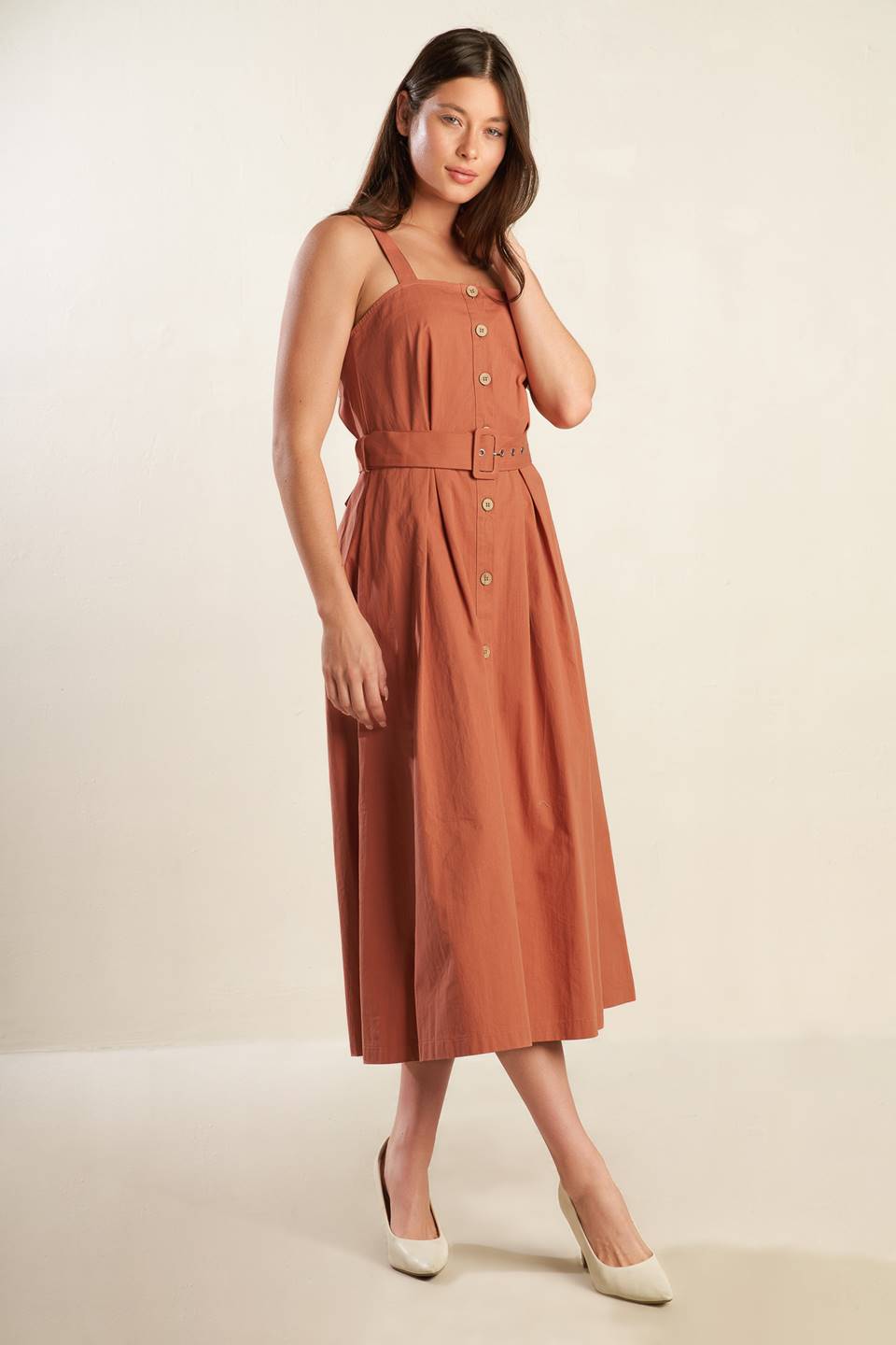 
A solid woven midi dress featuring straight neckline, strap, button down, self belt and full skirt

Details:

Self : 100% Cotton

Size &amp; Fit

- Model is 5`9" And Wearing Size Small
- Measurements Taken From Size Small
- Approx. Length: 52"