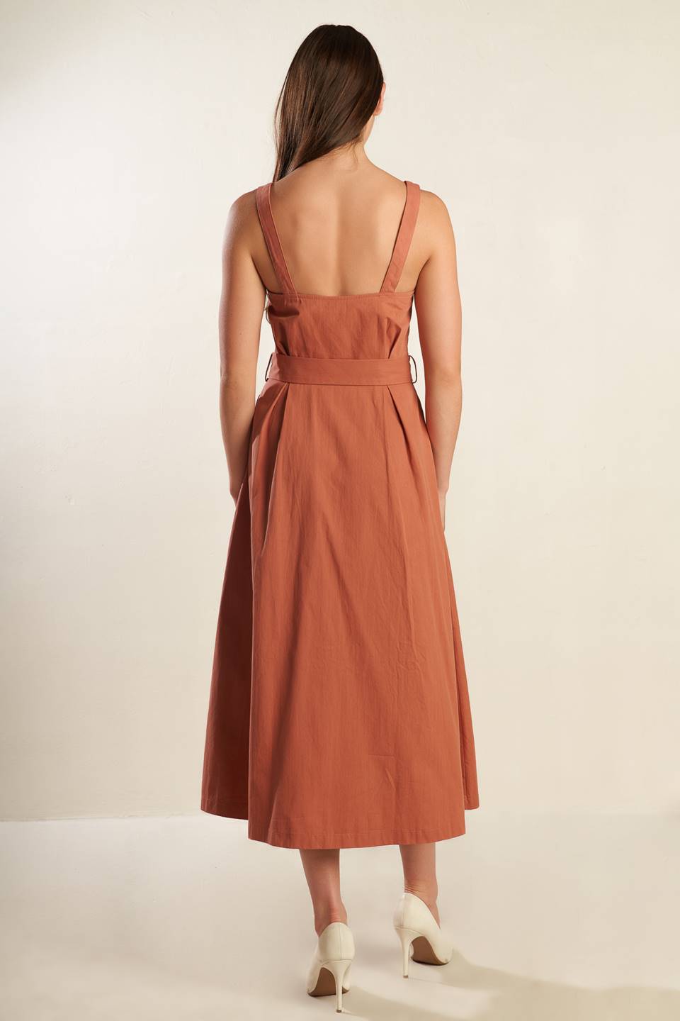 
A solid woven midi dress featuring straight neckline, strap, button down, self belt and full skirt

Details:

Self : 100% Cotton

Size &amp; Fit

- Model is 5`9" And Wearing Size Small
- Measurements Taken From Size Small
- Approx. Length: 52"