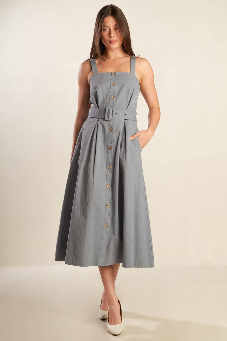 
A solid woven midi dress featuring straight neckline, strap, button down, self belt and full skirt

Details:

Self : 100% Cotton

Size &amp; Fit

- Model is 5`9" And Wearing Size Small
- Measurements Taken From Size Small
- Approx. Length: 52"