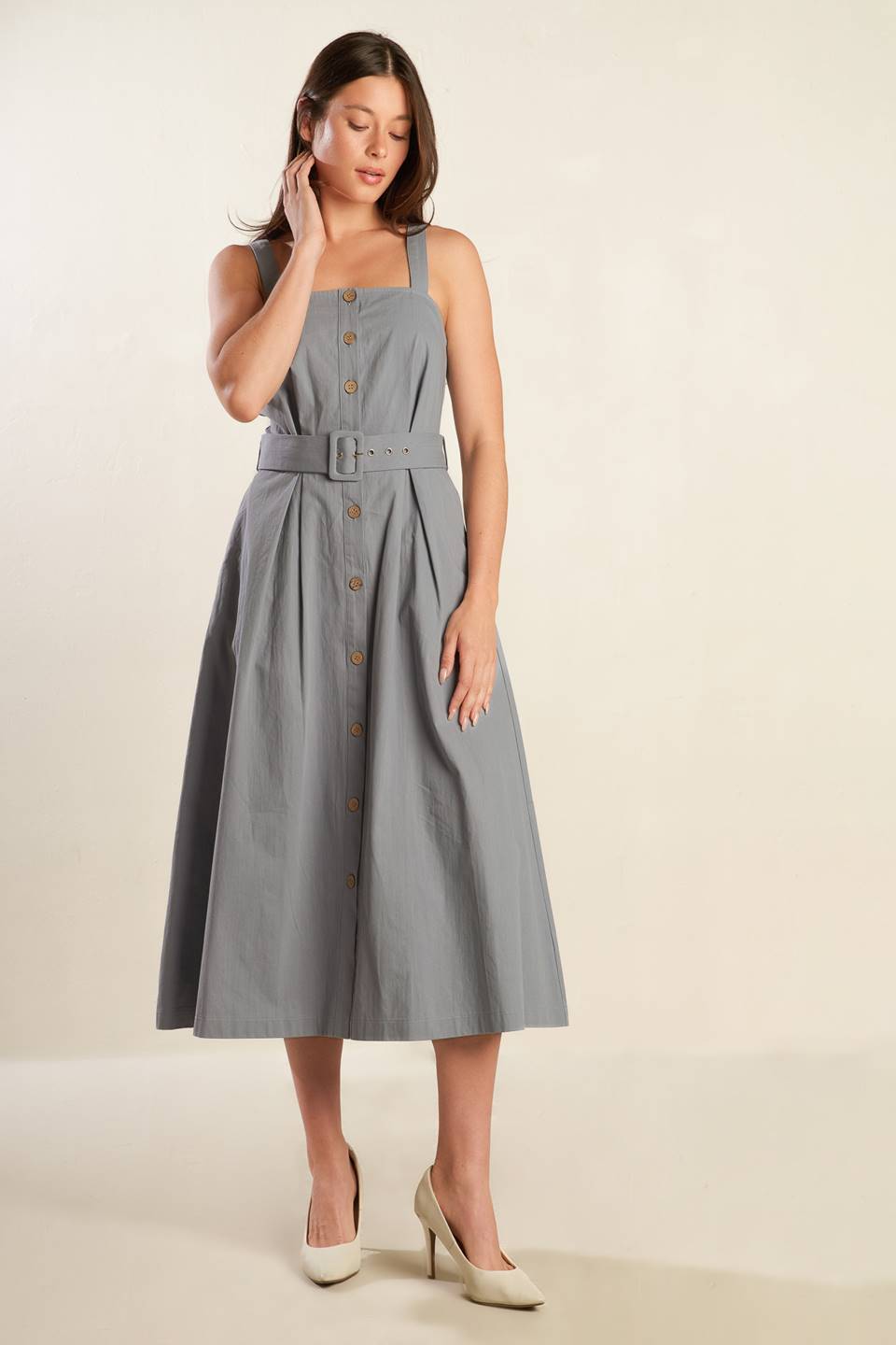 
A solid woven midi dress featuring straight neckline, strap, button down, self belt and full skirt

Details:

Self : 100% Cotton

Size &amp; Fit

- Model is 5`9" And Wearing Size Small
- Measurements Taken From Size Small
- Approx. Length: 52"