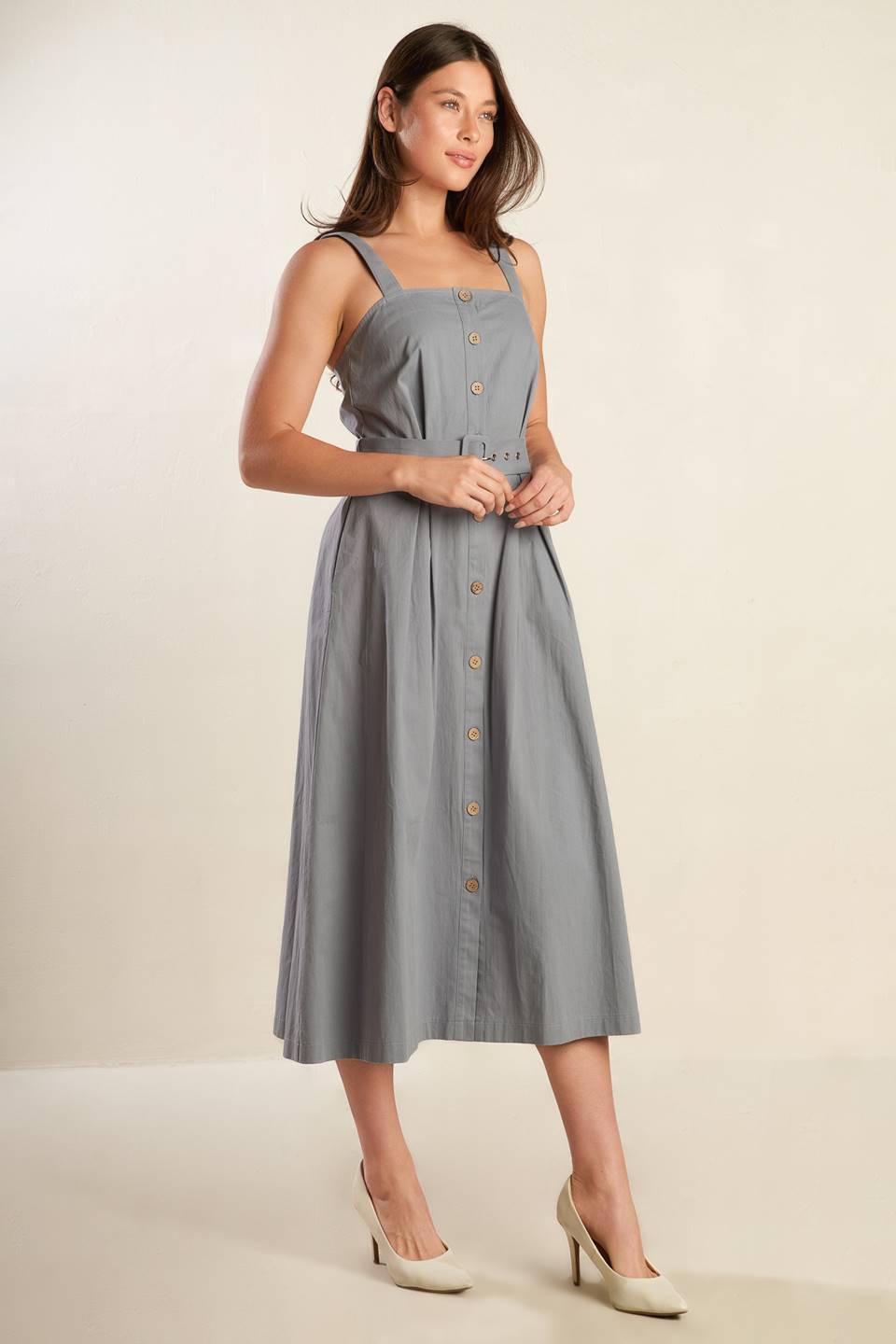 
A solid woven midi dress featuring straight neckline, strap, button down, self belt and full skirt

Details:

Self : 100% Cotton

Size &amp; Fit

- Model is 5`9" And Wearing Size Small
- Measurements Taken From Size Small
- Approx. Length: 52"