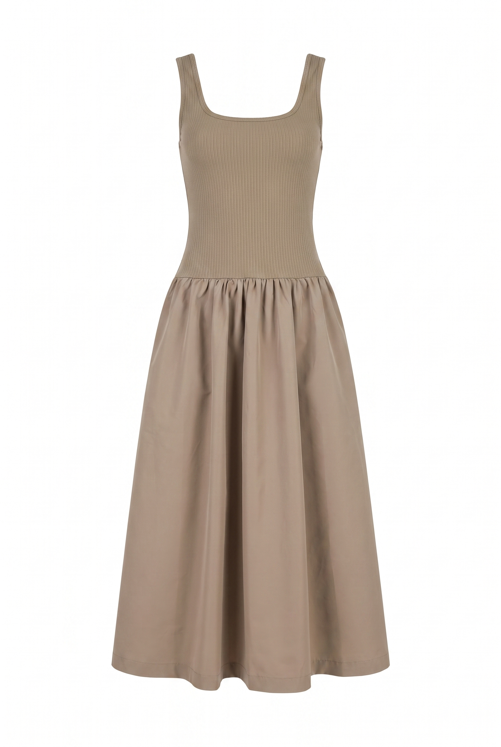 A sleeveless, scoop-neck midi dress in a solid taupe-beige color, featuring a ribbed bodice and a flared skirt, shown against a plain white background.