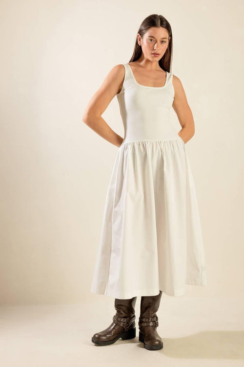 LIGHT UP THE SKY WOVEN MIDI DRESS.