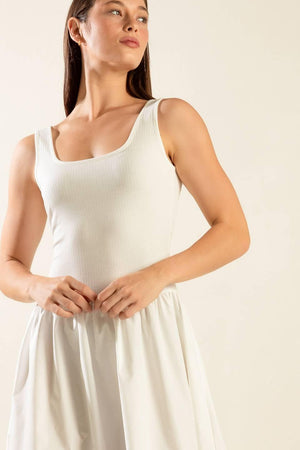LIGHT UP THE SKY WOVEN MIDI DRESS.