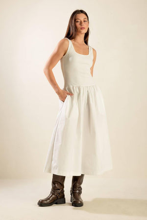 LIGHT UP THE SKY WOVEN MIDI DRESS.