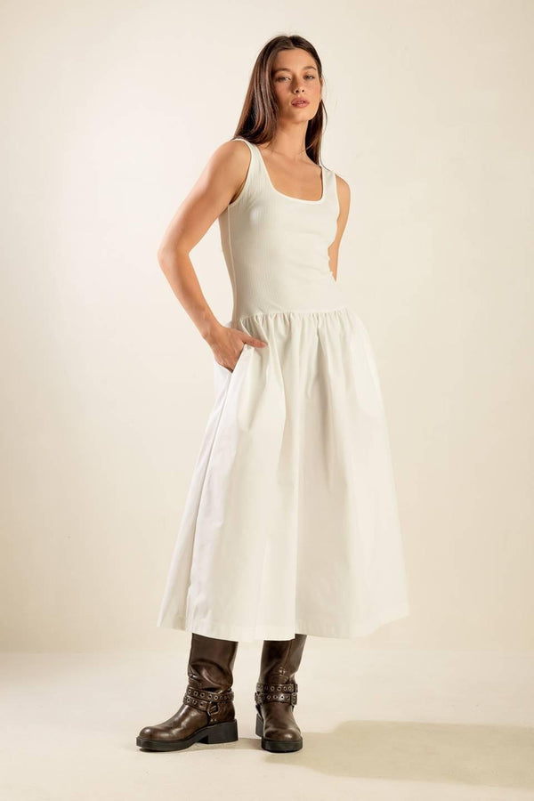 LIGHT UP THE SKY WOVEN MIDI DRESS.