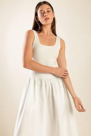 LIGHT UP THE SKY WOVEN MIDI DRESS.