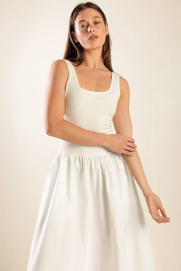 LIGHT UP THE SKY WOVEN MIDI DRESS.