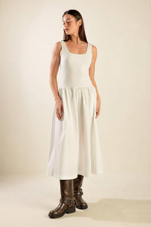 LIGHT UP THE SKY WOVEN MIDI DRESS.