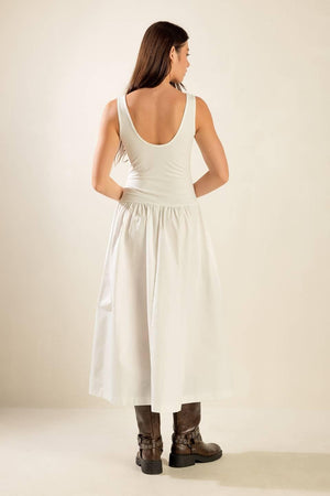 LIGHT UP THE SKY WOVEN MIDI DRESS.