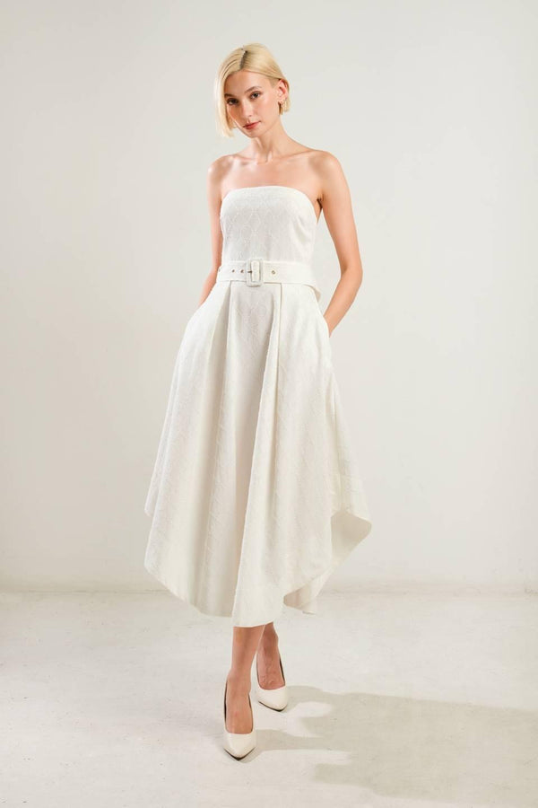 LIFE'S COMPASS WOVEN MIDI DRESS.