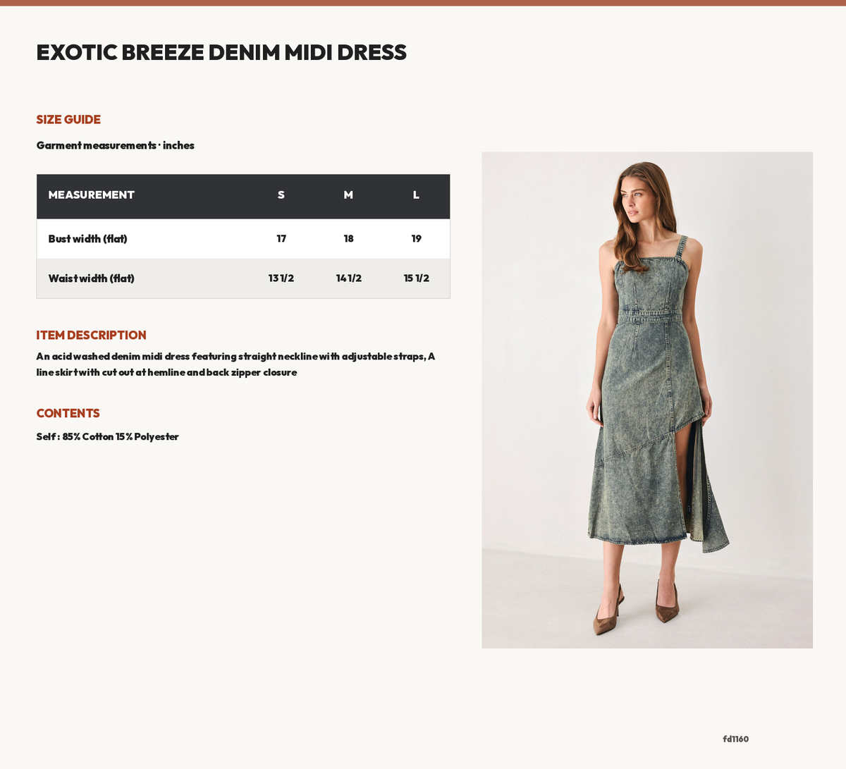 EXOTIC BREEZE DENIM MIDI DRESS size chart