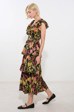 GRACEFUL GATHERING WOVEN MIDI DRESS.