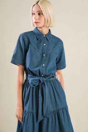 ABSOLUTE EDGE DENIM MIDI DRESS.