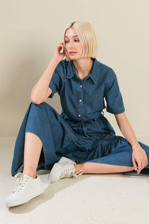 ABSOLUTE EDGE DENIM MIDI DRESS.