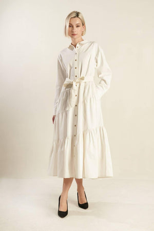 ANYTIME NOW WOVEN TWILL MIDI DRESS.
