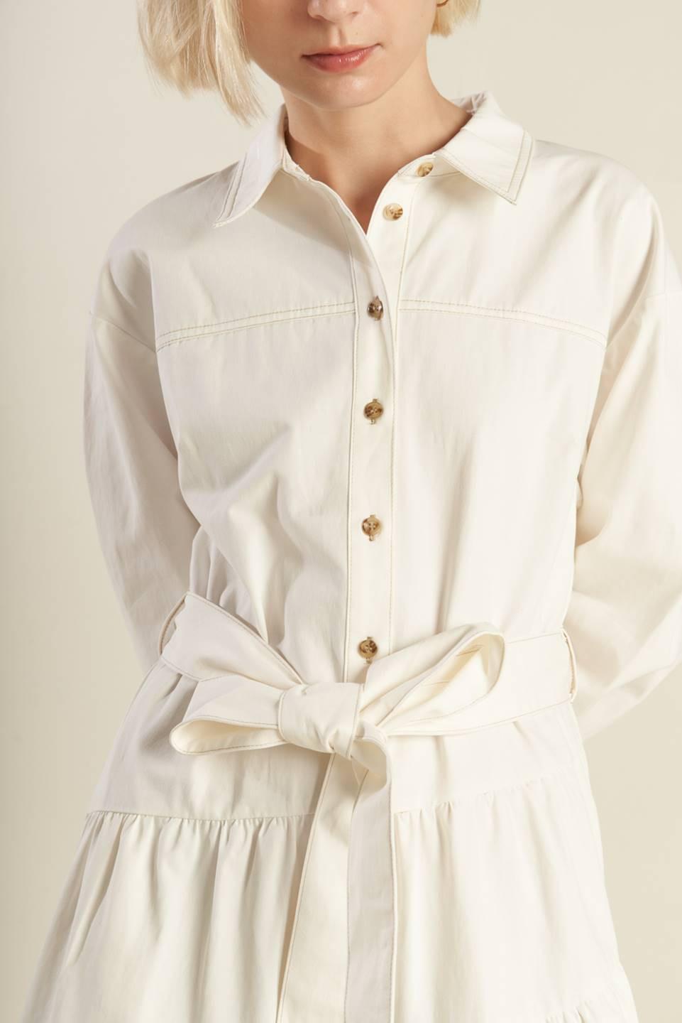 ANYTIME NOW WOVEN TWILL MIDI DRESS.