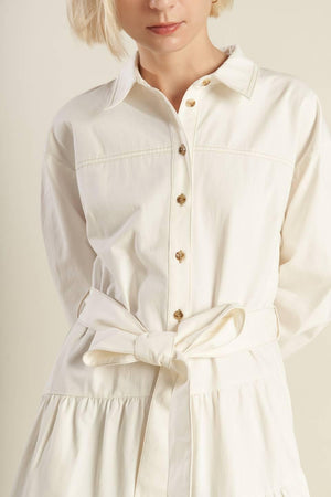 ANYTIME NOW WOVEN TWILL MIDI DRESS.